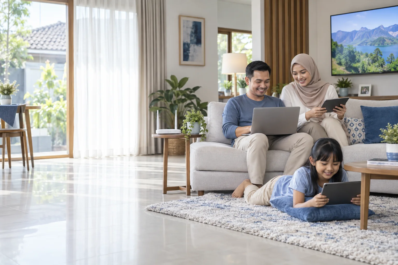 Keluarga Indonesia menggunakan laptop dan tablet dengan koneksi internet rumah
