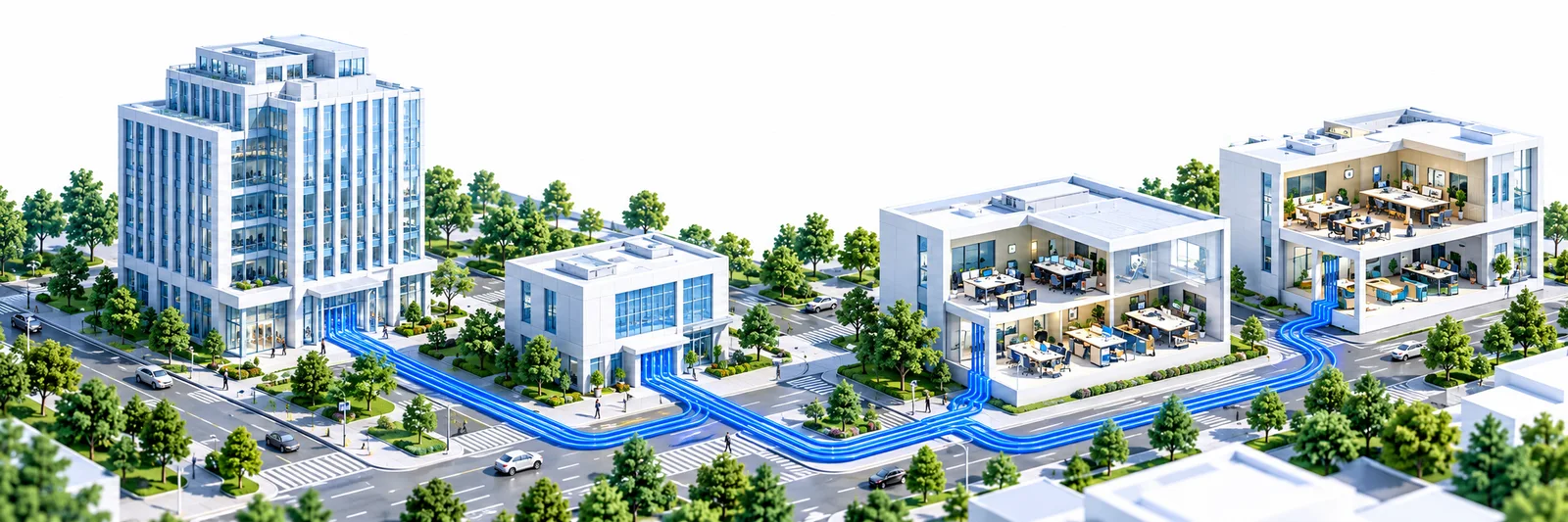 Ilustrasi gedung kantor, kampus, dan bisnis yang terhubung dengan jaringan fiber optik
