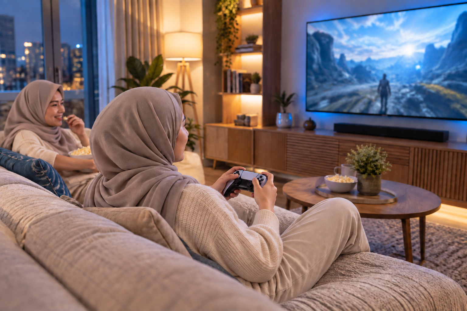 Dua perempuan Indonesia berkerudung menikmati game di ruang keluarga