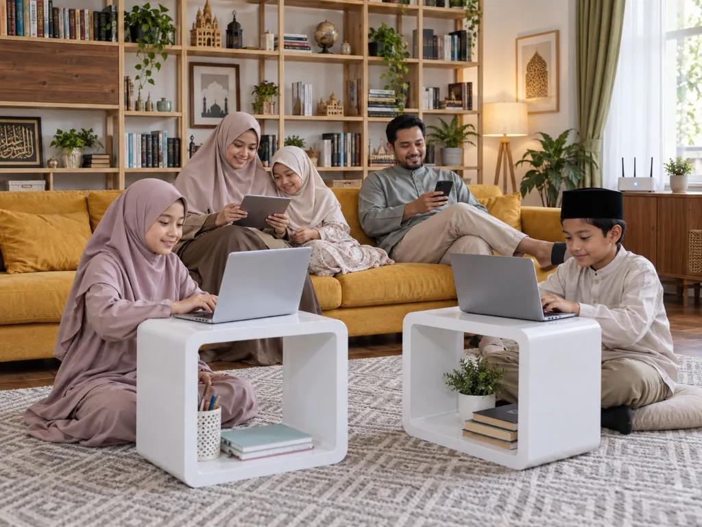 Keluarga Indonesia di ruang keluarga menggunakan laptop, tablet, dan smartphone dengan internet rumah SinergiHome