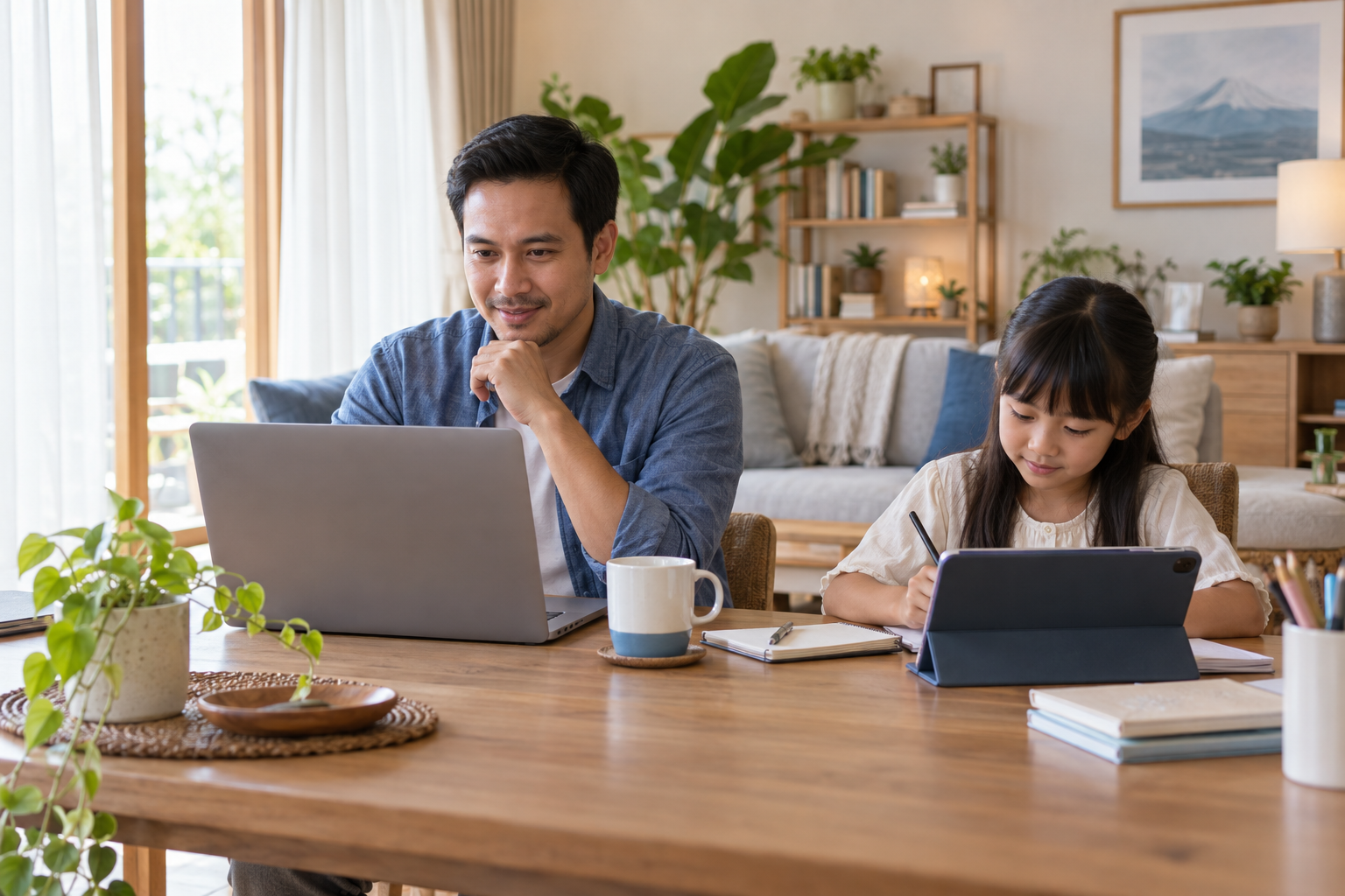 Orang tua bekerja dengan laptop dan anak belajar dengan tablet di rumah