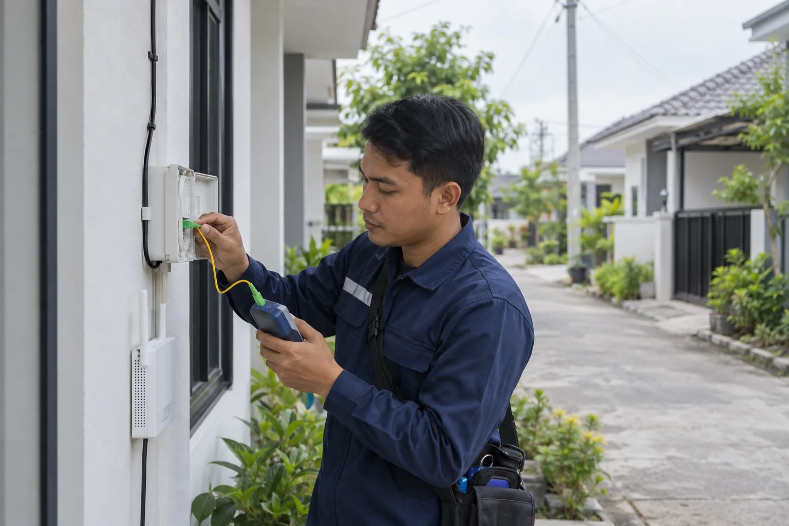 Teknisi memeriksa sambungan fiber internet di kawasan perumahan Kabupaten Bandung