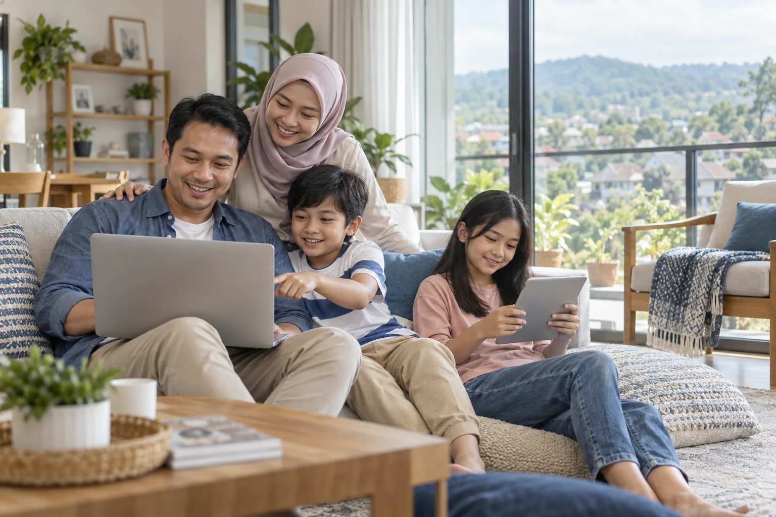 Keluarga di rumah Kabupaten Bandung menggunakan laptop dan tablet dengan koneksi SINET