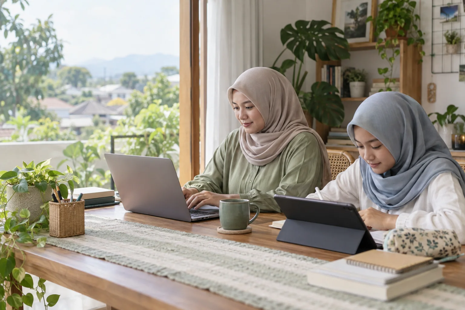 Ibu dan anak memakai laptop dan tablet untuk kerja serta belajar dari rumah di Kabupaten Bandung
