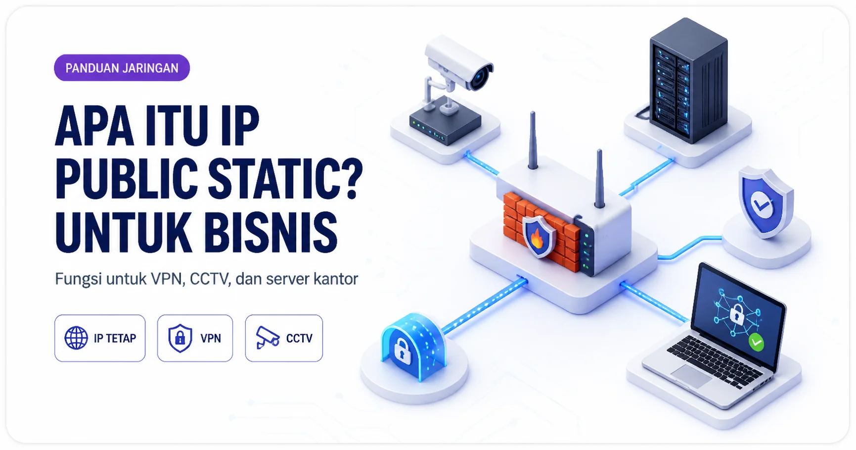 Ilustrasi IP public static untuk jaringan bisnis dengan firewall, CCTV, VPN, dan server kantor