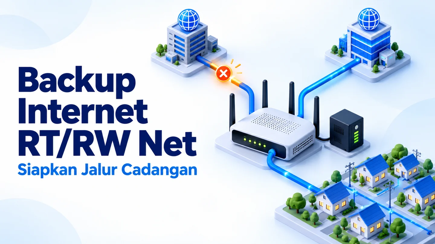 Ilustrasi koneksi utama dan cadangan menuju router serta rumah pelanggan RT/RW Net, dengan UPS sebagai daya cadangan