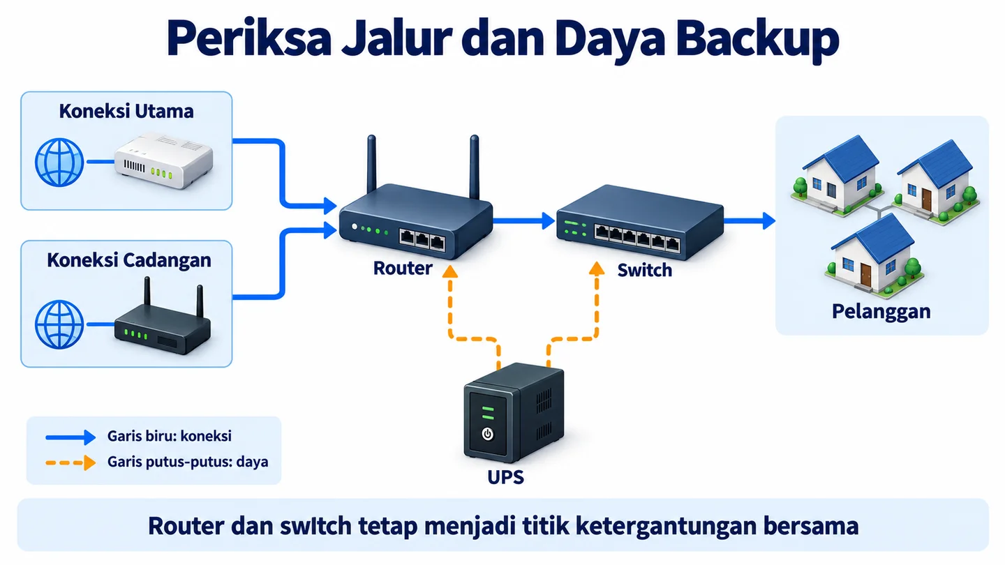 Diagram koneksi utama dan cadangan menuju router, switch, serta pelanggan RT/RW Net; UPS memberi daya ke router dan switch.