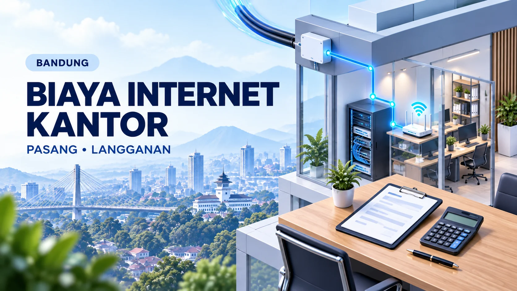 Ilustrasi kantor di Bandung dengan jaringan fiber, perangkat internet, dan dokumen rincian biaya.