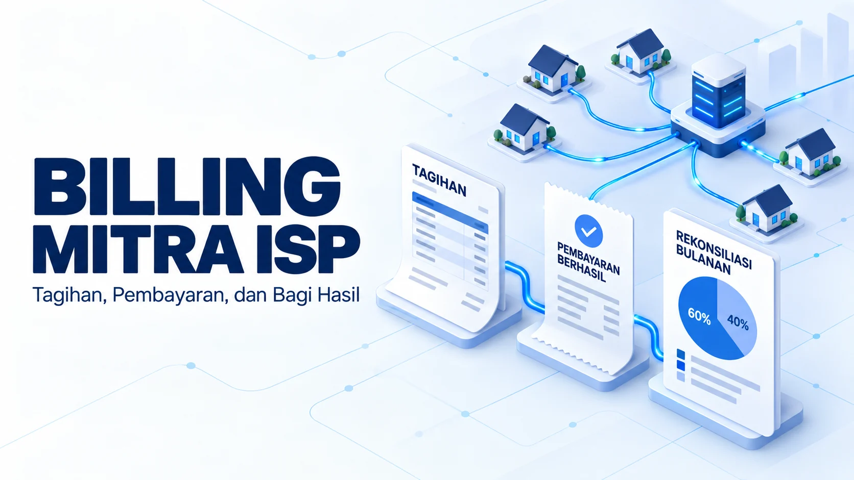 Ilustrasi isometrik billing mitra ISP: tagihan pelanggan, pembayaran berhasil, dan laporan rekonsiliasi bulanan yang terhubung ke jaringan pelanggan