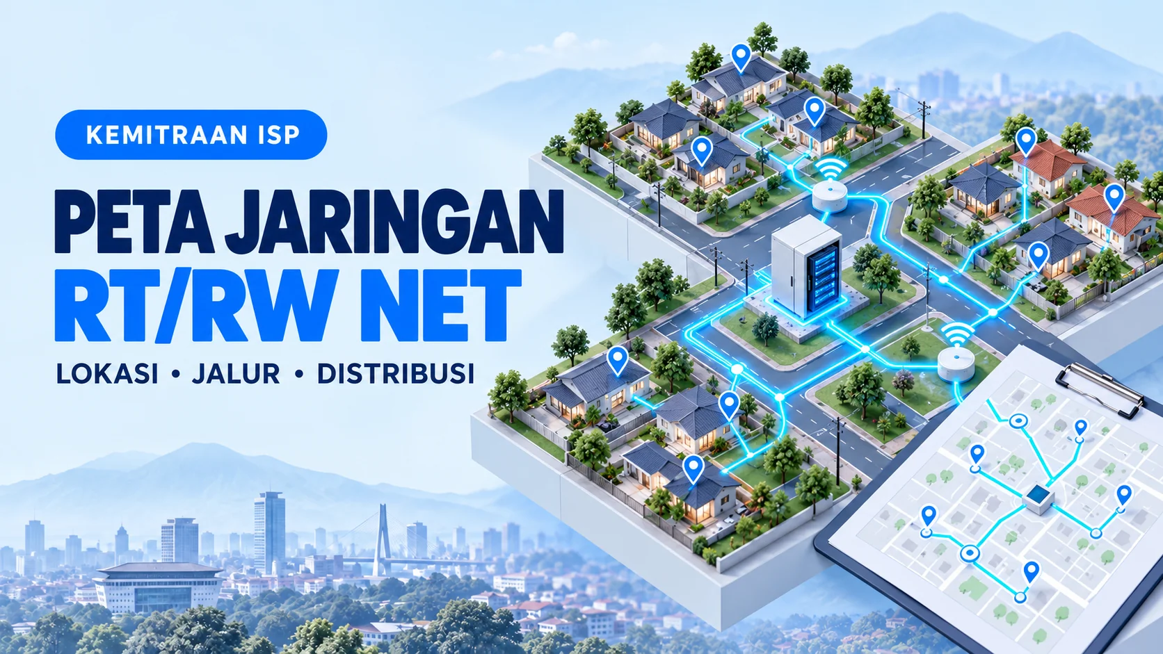 Ilustrasi peta jaringan RT/RW Net dengan pusat perangkat, titik distribusi, jalur koneksi, dan kelompok rumah untuk pengajuan kemitraan ISP.