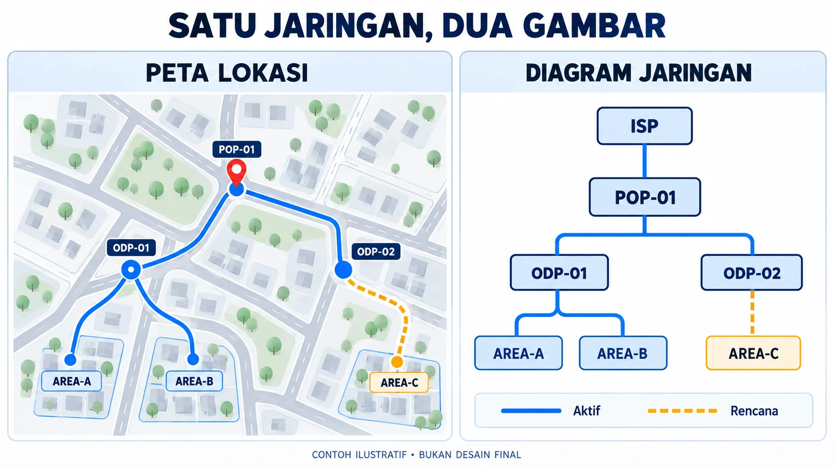 Contoh ilustratif peta lokasi dan diagram jaringan RT/RW Net: POP-01 terhubung ke ODP-01 dan ODP-02; AREA-A serta AREA-B aktif melalui ODP-01, sedangkan AREA-C direncanakan melalui ODP-02.