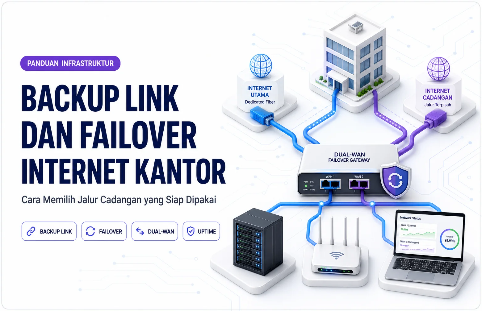Cover artikel tentang backup link dan failover Internet kantor dengan ilustrasi jaringan dual-WAN, router, server, dan dua jalur koneksi cadangan.