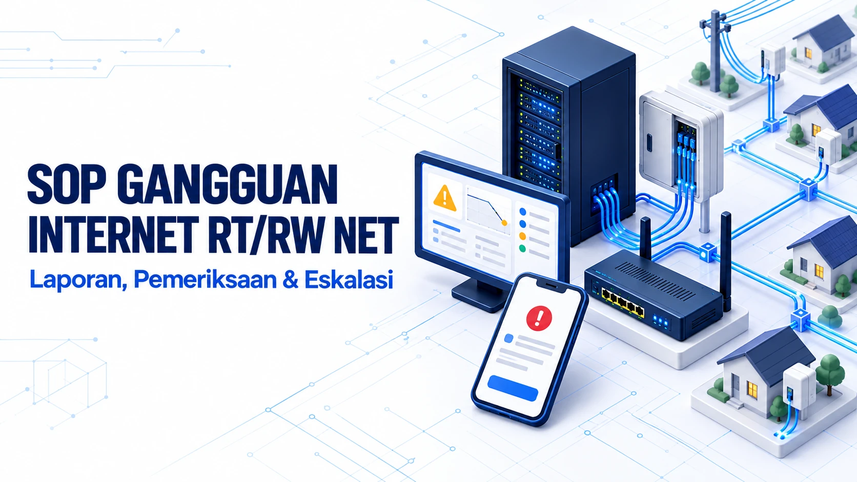 Ilustrasi isometrik SOP gangguan internet RT RW Net dengan server jaringan, dashboard peringatan, laporan pelanggan, dan jalur fiber menuju rumah pelanggan