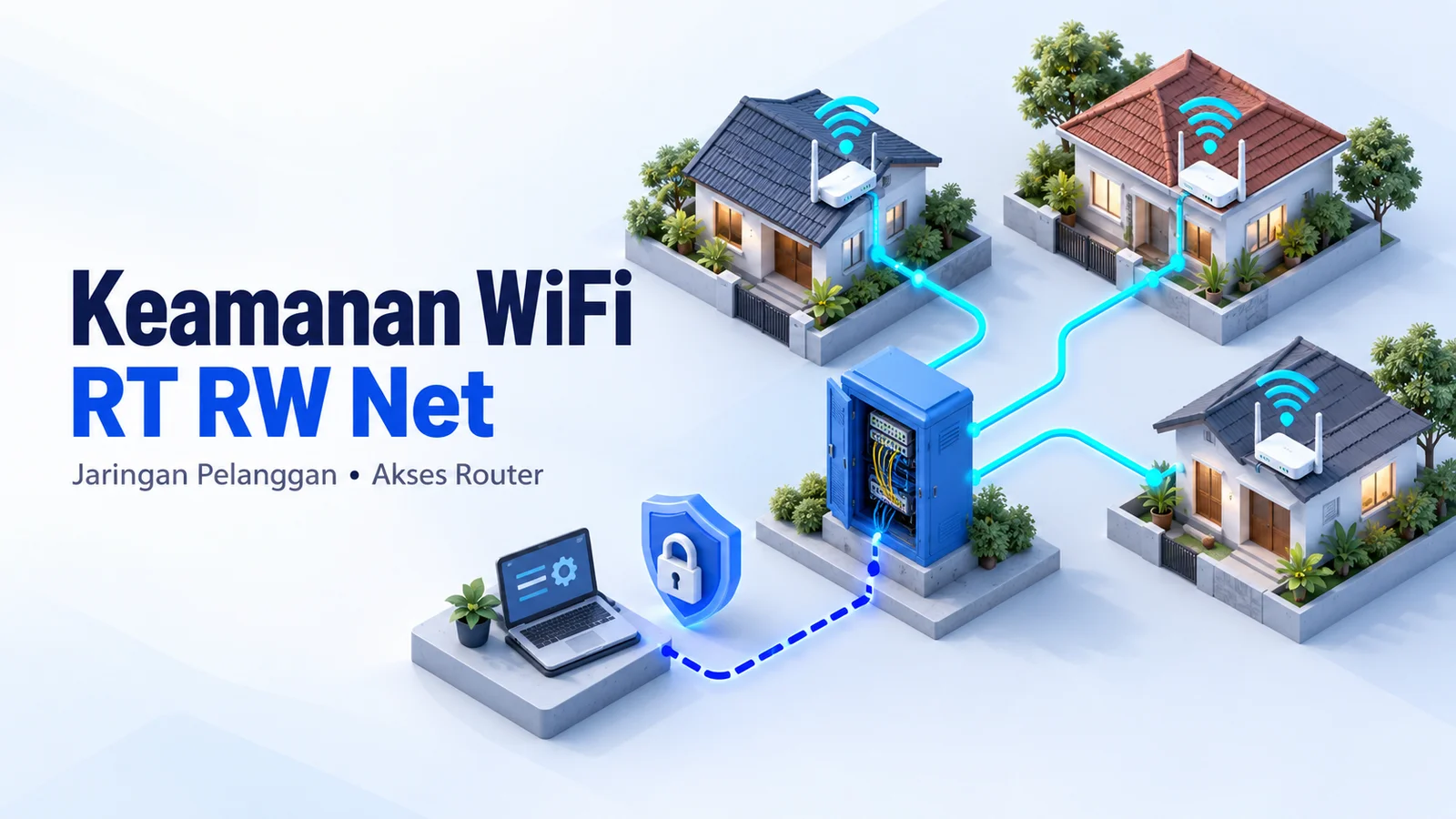 Ilustrasi jaringan WiFi RT RW Net dengan rumah pelanggan, kabinet jaringan, laptop administrator, dan simbol perlindungan akses router