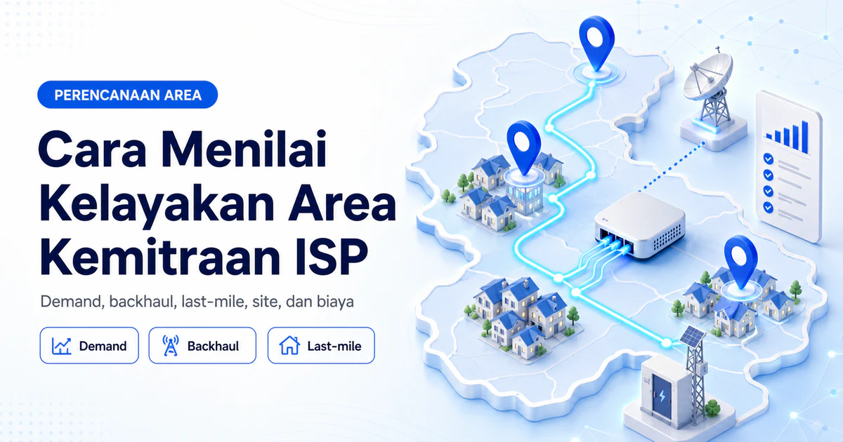 Ilustrasi penilaian kelayakan area kemitraan ISP berdasarkan demand, backhaul, last-mile, site, dan biaya