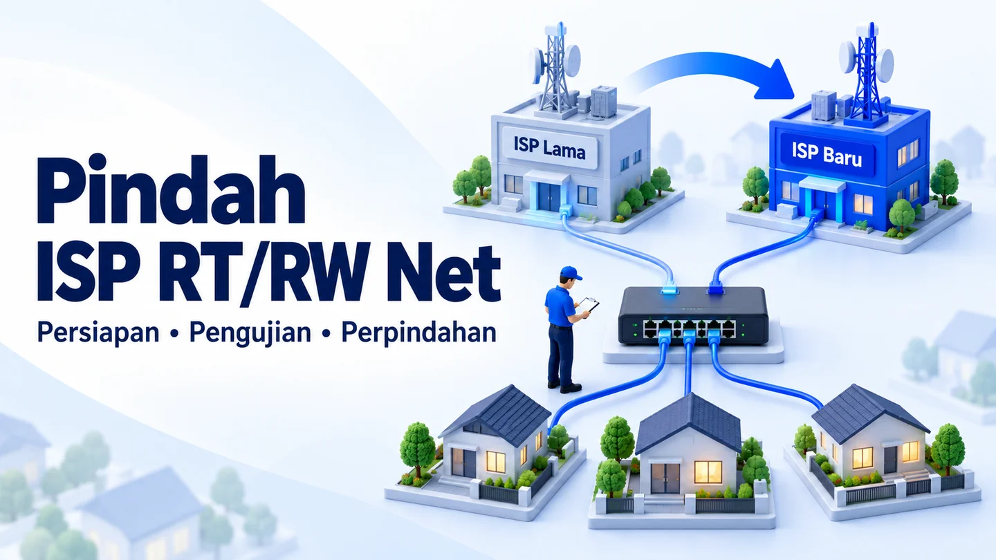 Ilustrasi perpindahan koneksi RT/RW Net dari ISP lama ke ISP baru, dengan teknisi memeriksa jaringan menuju rumah pelanggan