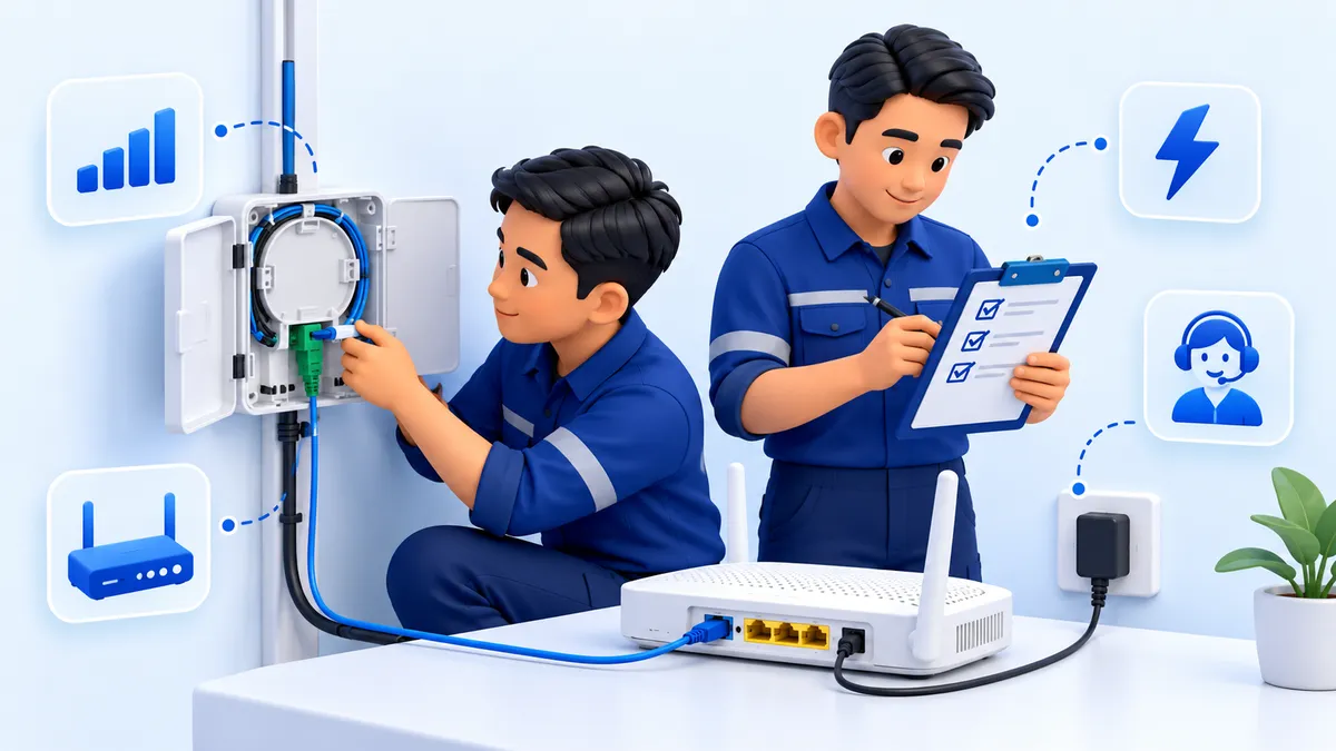 Teknisi dan penyedia internet memeriksa kesiapan sambungan, perangkat, daya, dan pembagian pekerjaan.