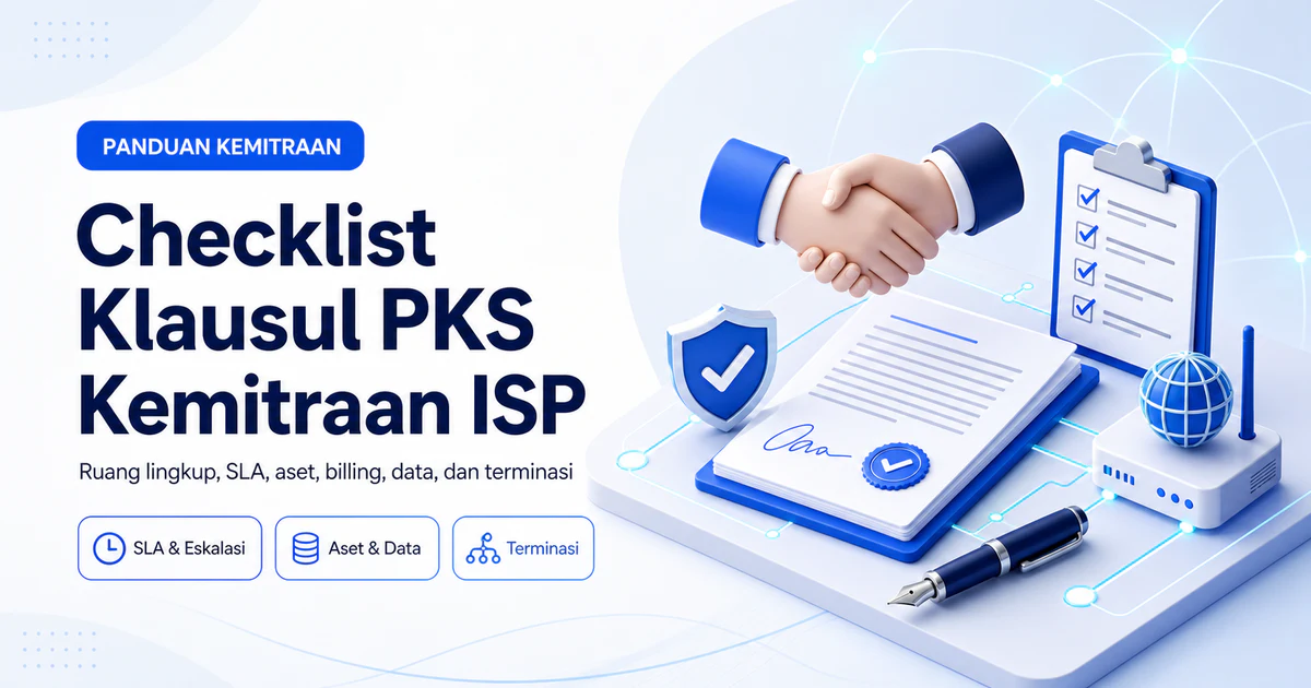 Ilustrasi checklist klausul PKS kemitraan ISP yang mencakup SLA, aset, data, dan terminasi