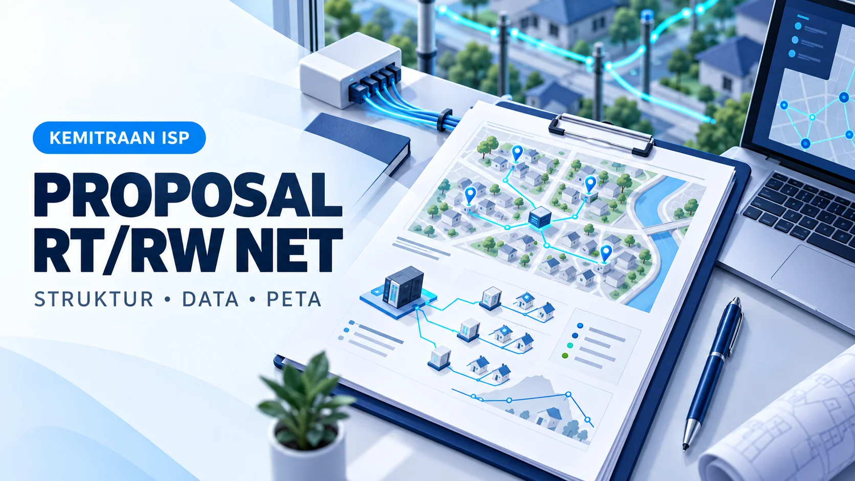 Ilustrasi dokumen proposal kemitraan ISP dengan peta jaringan RT/RW Net, diagram koneksi, dan laptop.
