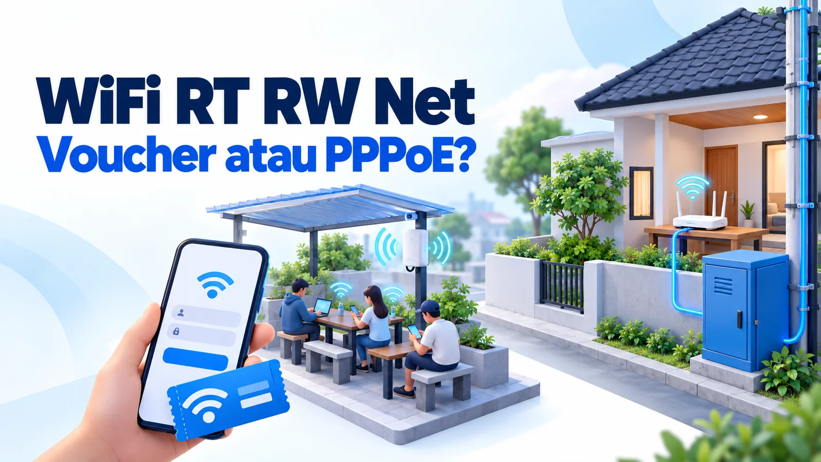 Ilustrasi perbandingan akses WiFi RT RW Net melalui voucher pada ponsel dan PPPoE pada router rumah pelanggan