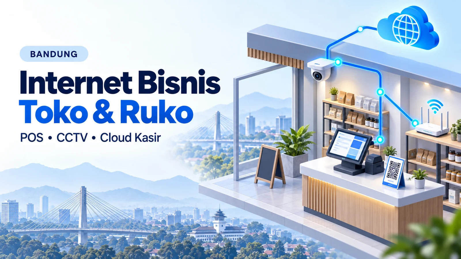 Ilustrasi isometrik toko dan ruko di Bandung dengan POS, QRIS, CCTV, router Wi-Fi, dan koneksi internet.