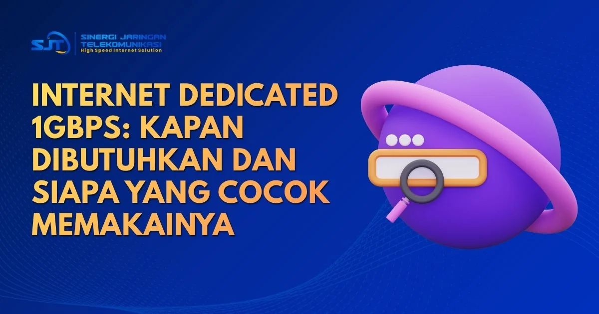Cover artikel internet dedicated 1Gbps dengan ilustrasi pencarian dan elemen visual ungu