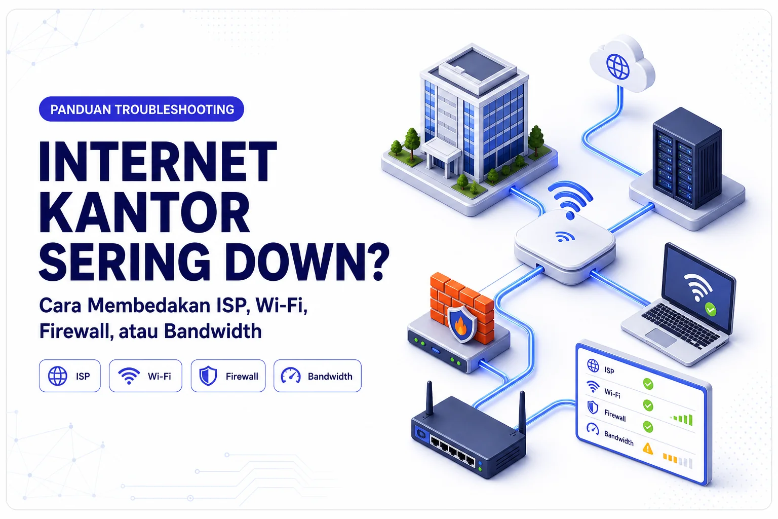 Ilustrasi jaringan kantor dengan ISP, Wi-Fi, firewall, bandwidth, server, dan dashboard monitoring untuk mendiagnosis internet kantor yang sering down.