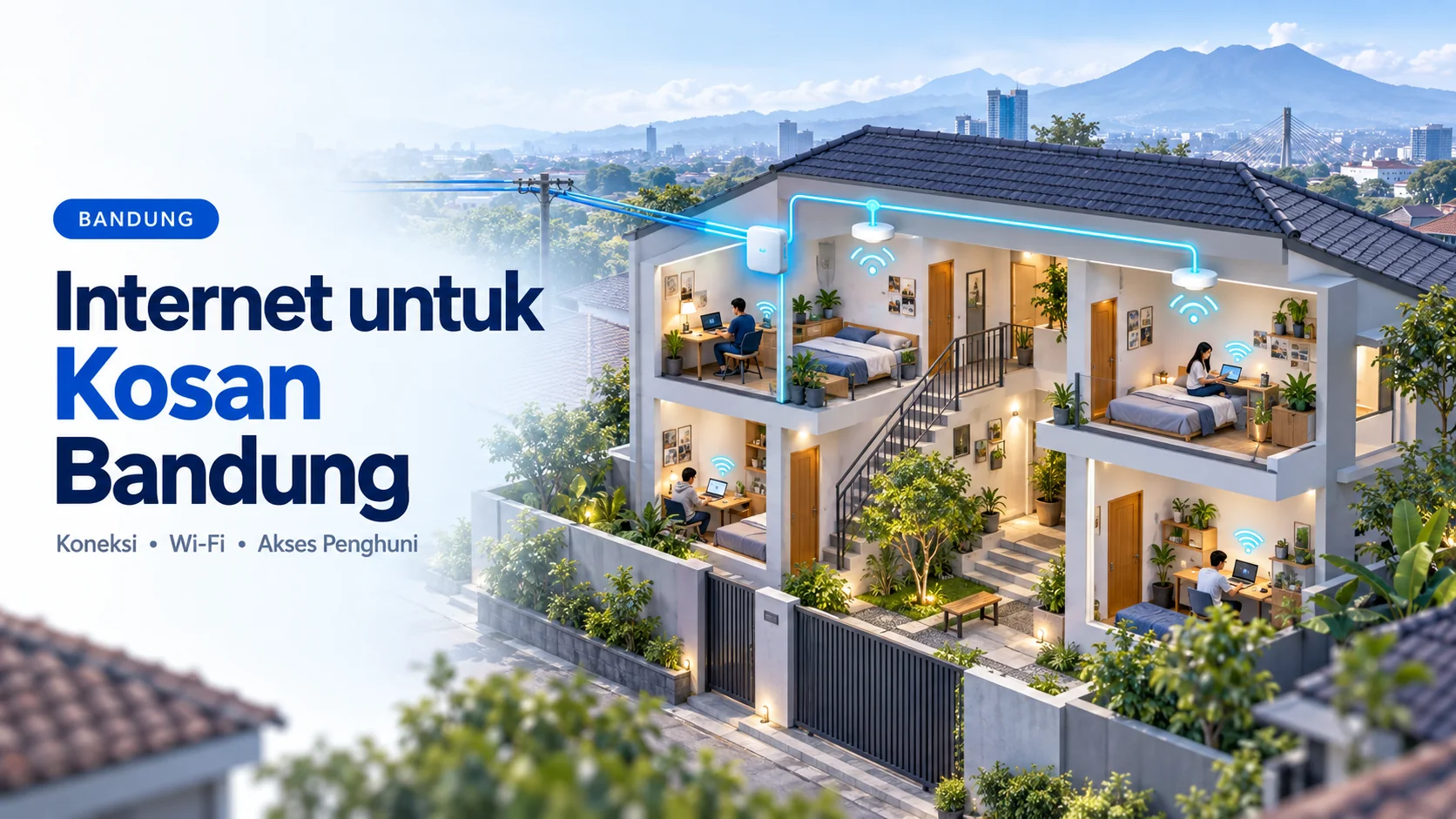 Ilustrasi bangunan kos bertingkat di Bandung dengan penghuni, koneksi internet dari ISP, dan access point Wi-Fi.