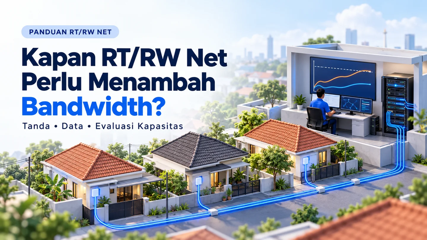 Ilustrasi jaringan rumah RT/RW Net yang terhubung ke ruang pemantauan trafik untuk evaluasi penambahan bandwidth