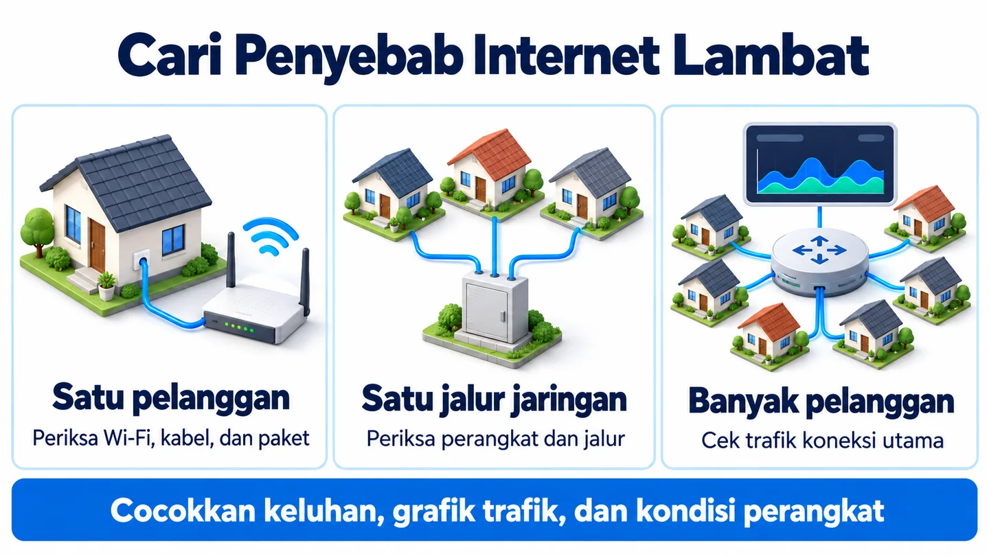 Ilustrasi pemeriksaan internet lambat pada satu pelanggan, satu jalur jaringan, dan banyak pelanggan RT/RW Net.