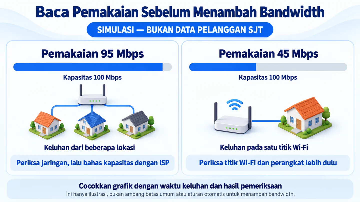 Simulasi koneksi 100 Mbps dengan pemakaian 95 Mbps dan 45 Mbps: cocokkan pemakaian dengan lokasi keluhan sebelum menentukan tindakan.