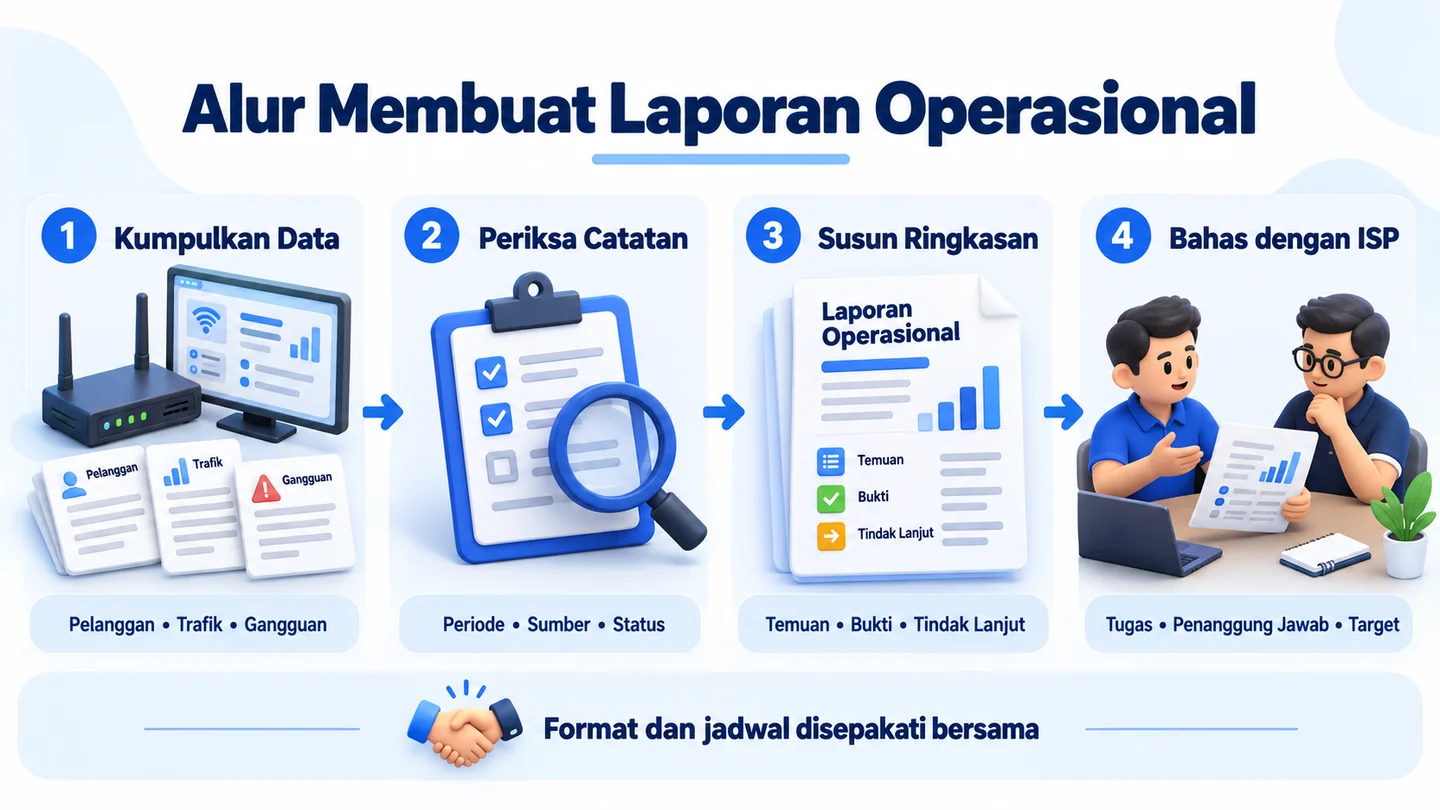 Alur membuat laporan operasional RT/RW Net: kumpulkan data, periksa catatan, susun ringkasan, lalu bahas dengan ISP.