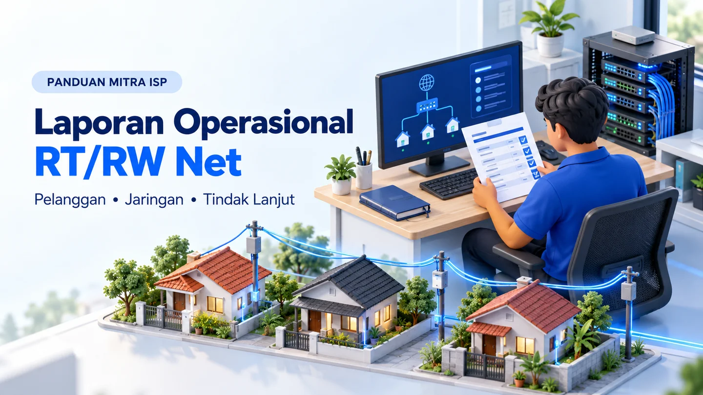 Ilustrasi pengelola RT/RW Net memeriksa laporan operasional, diagram jaringan, dan tindak lanjut layanan pelanggan