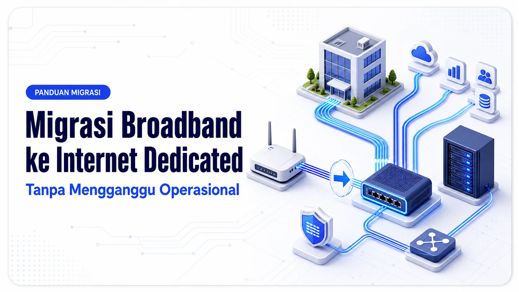 Ilustrasi migrasi koneksi broadband ke internet dedicated melalui jaringan enterprise dengan jalur fiber yang tetap terhubung