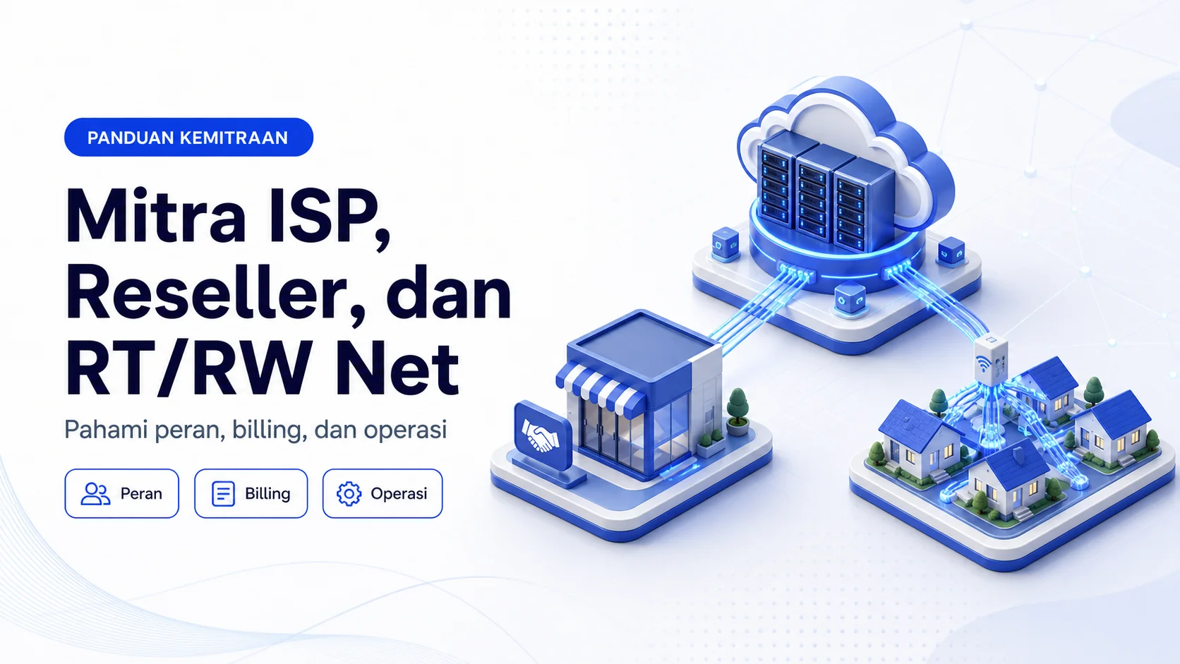 Ilustrasi hubungan ISP, reseller internet, dan jaringan RT/RW Net dengan koneksi fiber ke pelanggan lokal