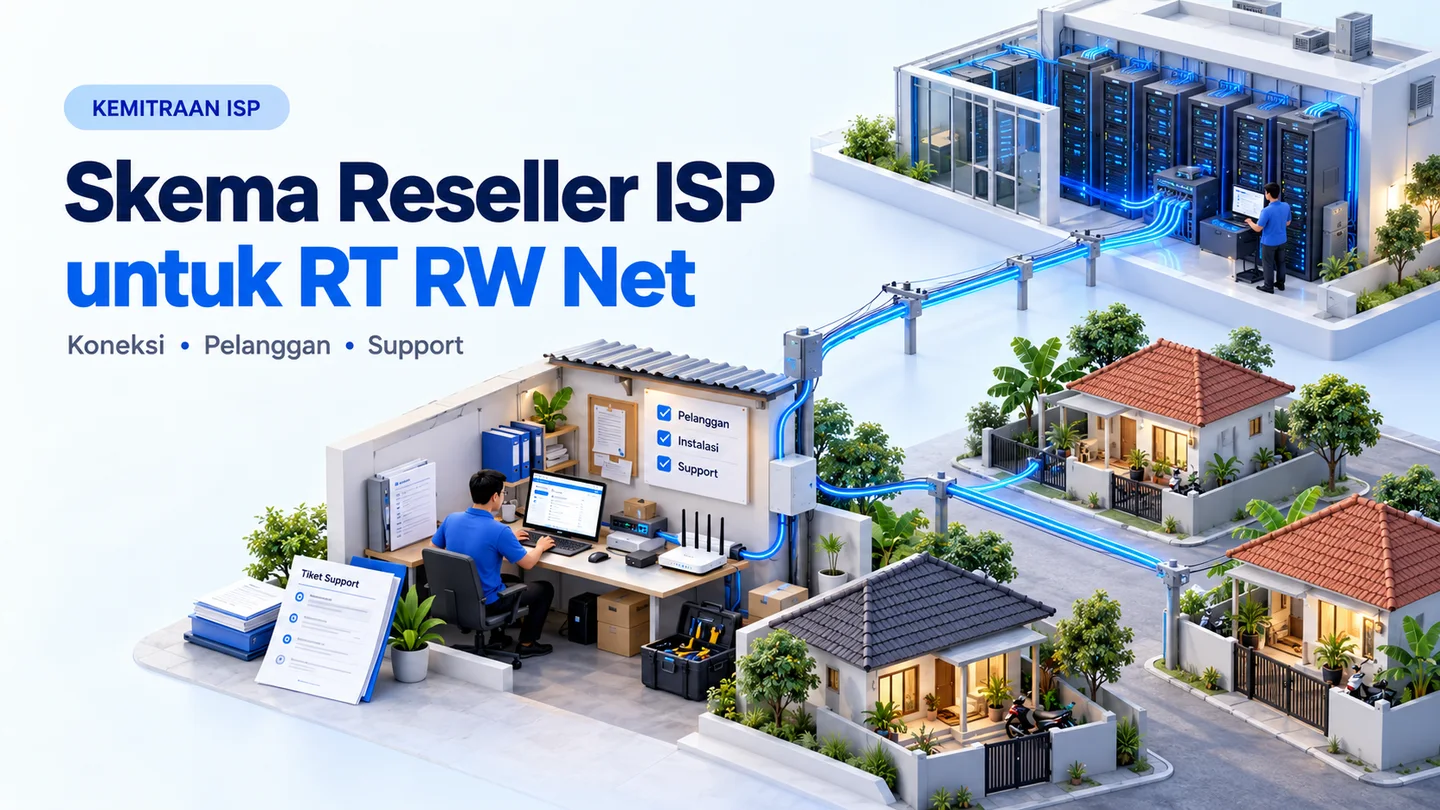 Ilustrasi jaringan provider, pengelola RT/RW Net, dan rumah pelanggan yang terhubung untuk menggambarkan pembagian tugas koneksi, pelanggan, dan support
