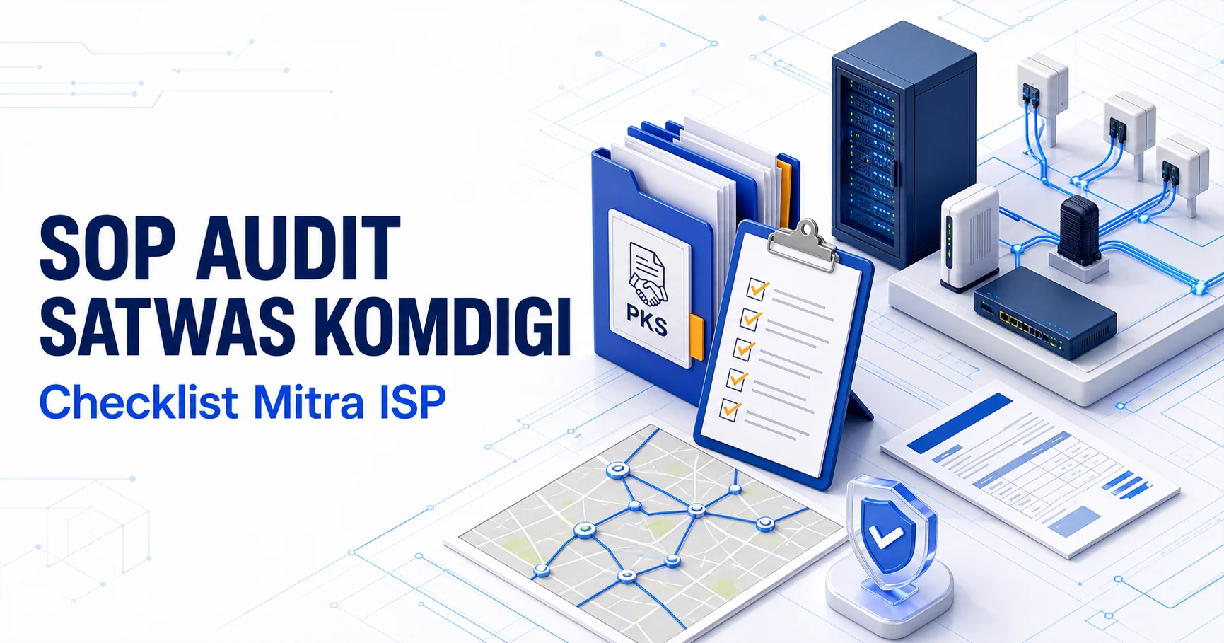 Infografik SOP audit lapangan Satwas Komdigi untuk mitra ISP dengan dokumen PKS, topologi, billing, dan checklist pemeriksaan