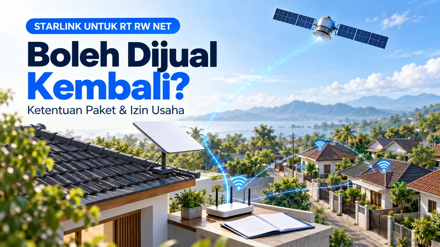 Ilustrasi antena internet satelit, router, rumah warga, dan dokumen untuk pembahasan ketentuan Starlink bagi RT/RW Net