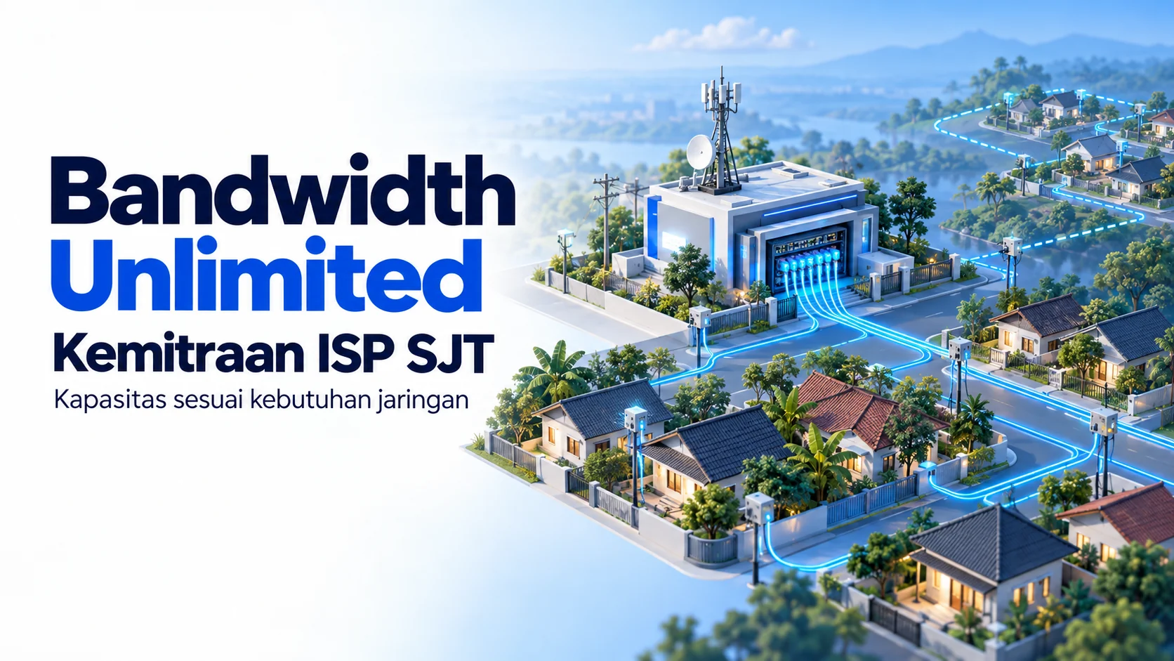 Ilustrasi perangkat jaringan ISP yang menyalurkan koneksi fiber ke rumah pelanggan dan area pengembangan jaringan.