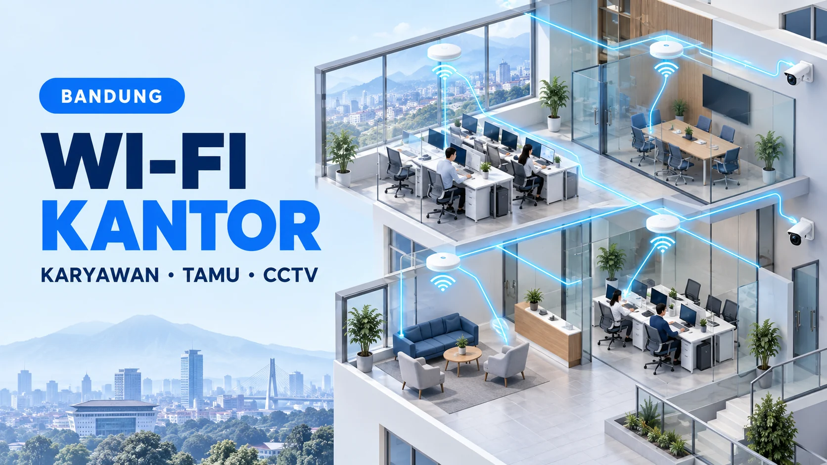Ilustrasi Wi-Fi kantor di Bandung dengan access point, area kerja, ruang rapat, tamu, dan CCTV yang terhubung jaringan.
